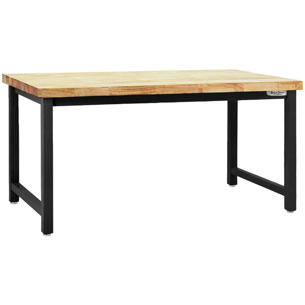 A BenchPro Kennedy workbench with a butcherblock wood top and black legs.