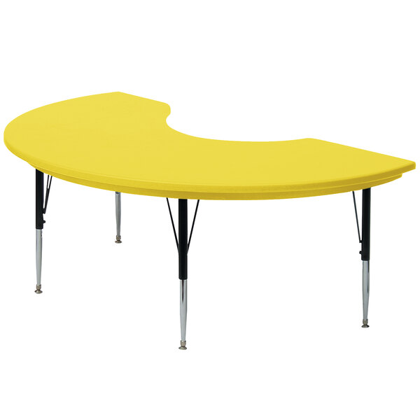 A yellow Correll kidney-shaped activity table with legs.