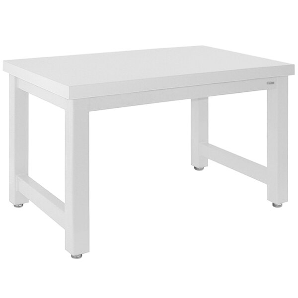 A BenchPro Harding workbench with a white Formica top and white legs.