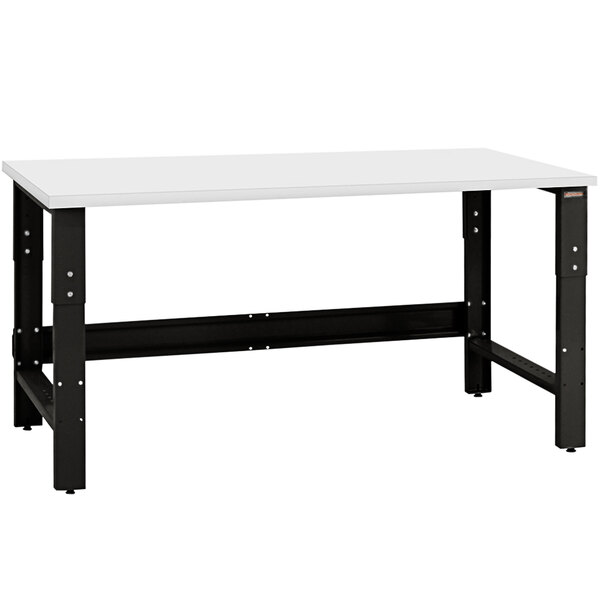 A white rectangular workbench top with black legs.