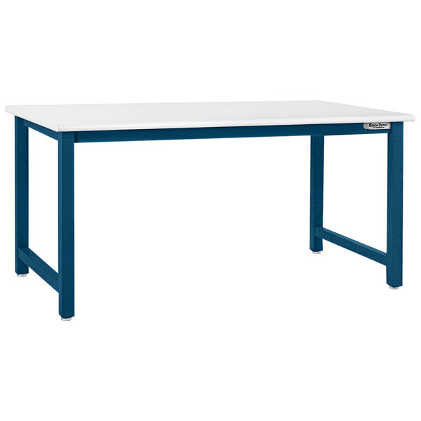 A white workbench with blue legs and a round front edge.