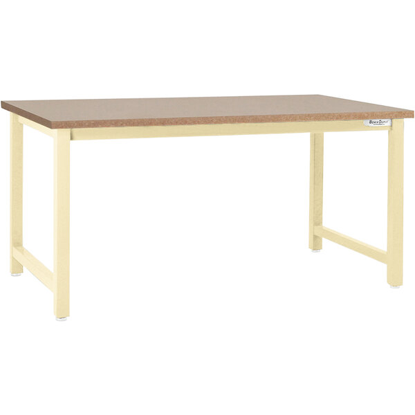 A BenchPro Kennedy workbench with a wooden top and beige base.