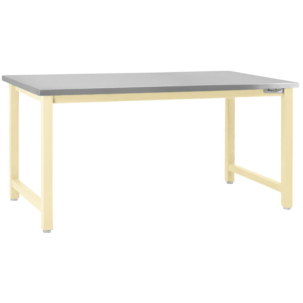 A beige rectangular workbench with a stainless steel top and legs.