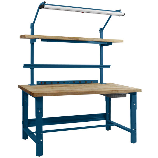A wooden workbench with a BenchPro blue metal base.