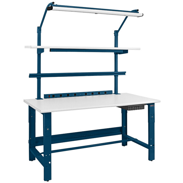 A white and blue BenchPro Roosevelt Series workbench with shelves.