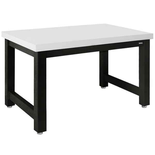 A BenchPro Harding workbench with a white Formica top and black legs.