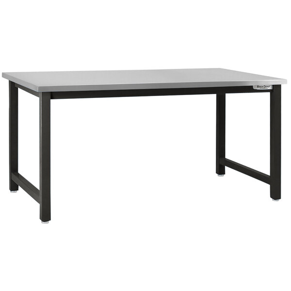 A grey rectangular workbench with a stainless steel top and black legs.