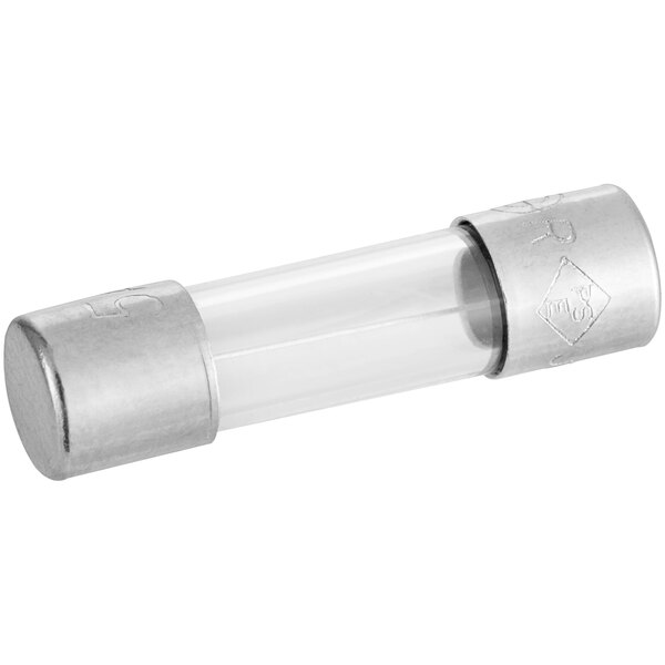 A close-up of a silver metal glass tube with white end caps.