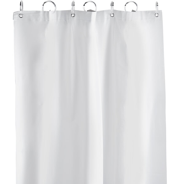 An American Specialties, Inc. white vinyl shower curtain hanging with silver rings.