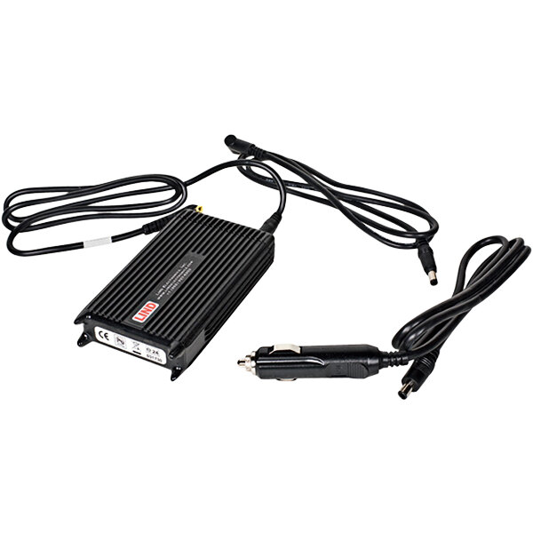 A black DT Research automobile power adapter with wires.