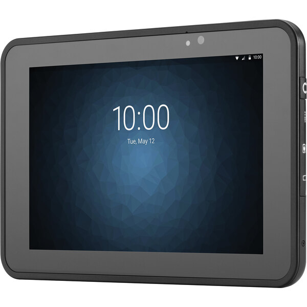 A black Zebra ET56 rugged Windows tablet with a clock on the screen.