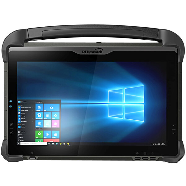 A black DT Research 11.6" rugged tablet with a blue screen displaying Windows 10 on a table.