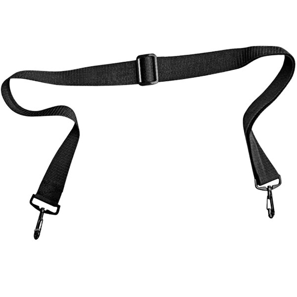 A black strap with two metal hooks on it.