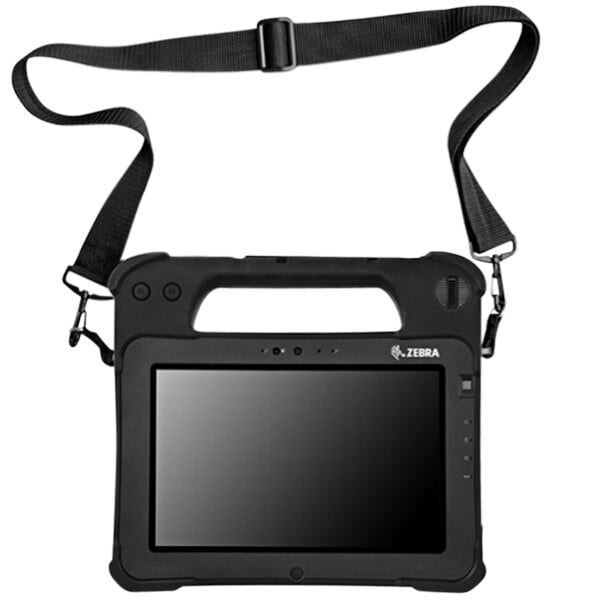 A black Zebra tablet with a black shoulder strap attached.