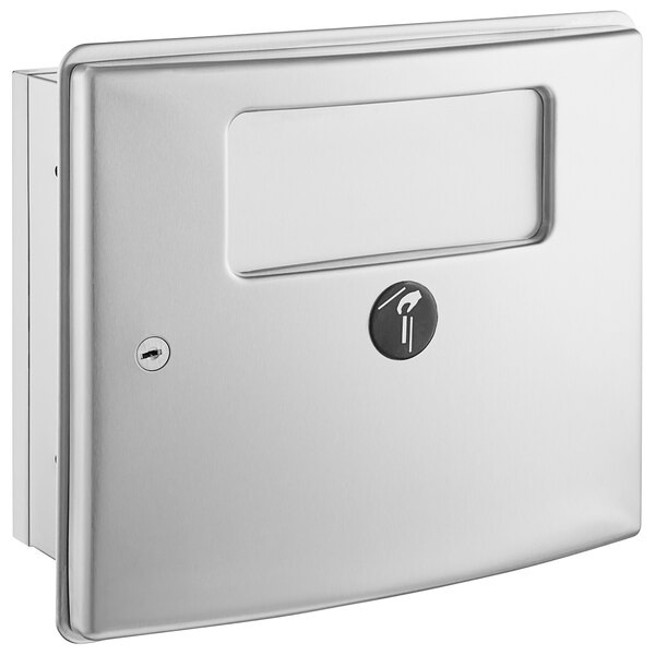 A silver rectangular stainless steel recessed sanitary napkin receptacle with a keyhole.