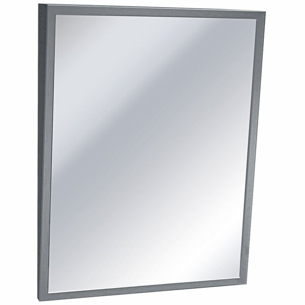 An American Specialties, Inc. plate glass mirror with a stainless steel frame.