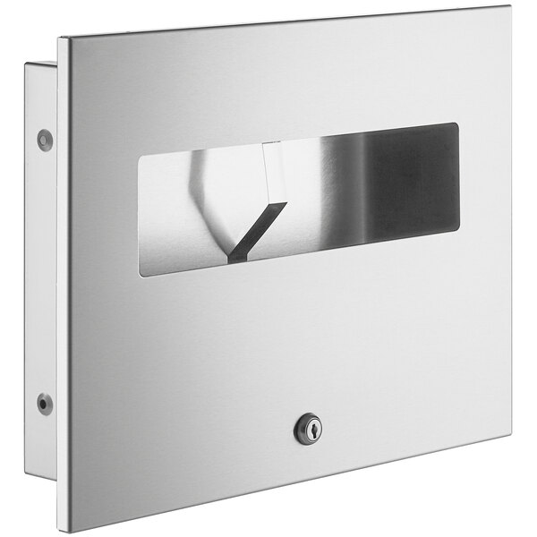 A stainless steel rectangular toilet seat cover dispenser with a window.