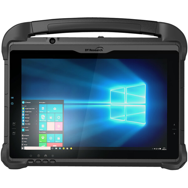 A black DT Research rugged tablet with a blue screen displaying Windows 10.