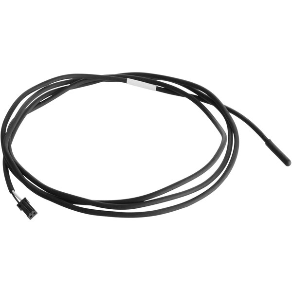A black cable with a white connector and a white label.