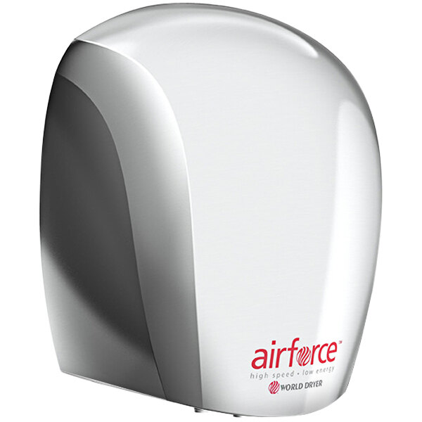 A World Dryer Airforce hand dryer with a polished chrome finish and red text.
