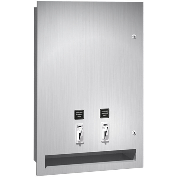 An American Specialties, Inc. recessed stainless steel dual sanitary napkin/tampon dispenser with two buttons.