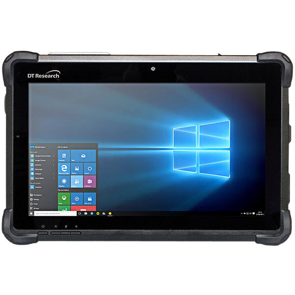 A DT Research 11.6" rugged tablet with a blue screen displaying Windows 10.
