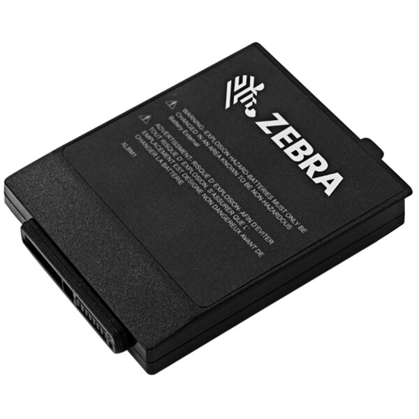 A black rectangular Zebra battery with white text on it.
