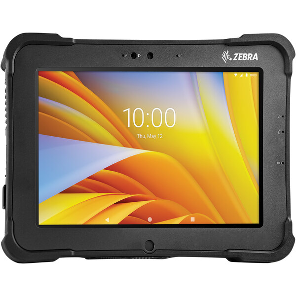 A black Zebra XPAD L10 rugged Android tablet with a colorful screen.