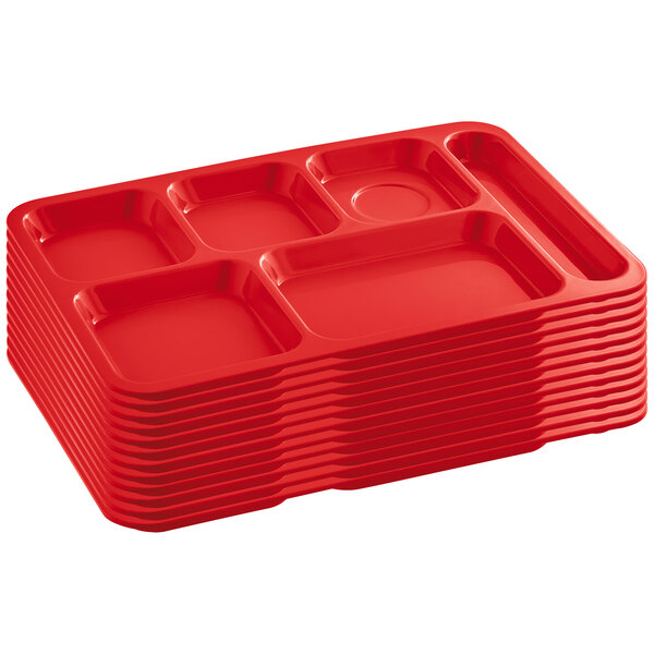 Choice 10 x 14 Right Handed Heavy-Duty Melamine NSF Red 6 Compartment Tray  - 12/Pack