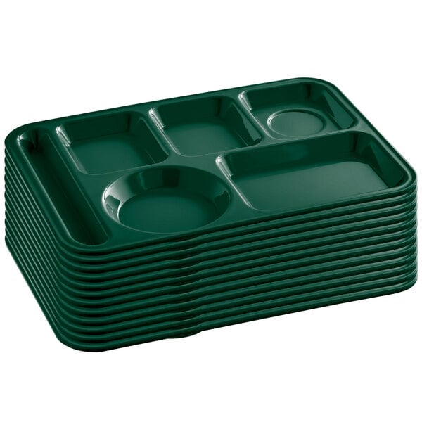 Choice 10 x 14 Left Handed Heavy-Duty Melamine NSF Forest Green 6  Compartment Tray - 12/Pack
