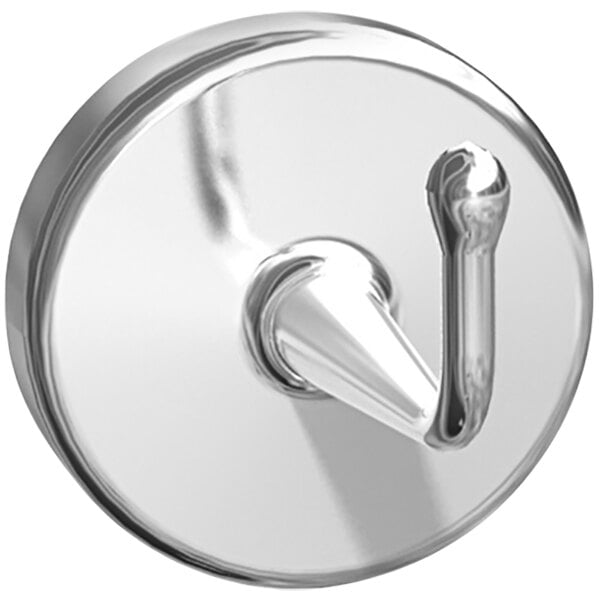 A silver hook with a round metal surface and a point.