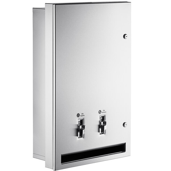 An American Specialties, Inc. stainless steel dual sanitary napkin/tampon dispenser with two levers.