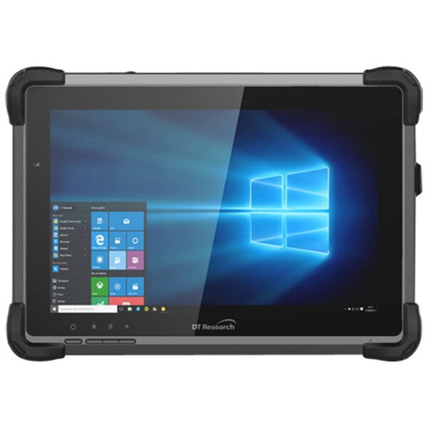 A DT Research rugged tablet with a blue screen showing Windows 10.