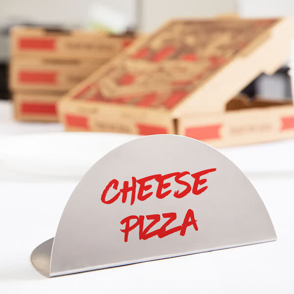 An American Metalcraft stainless steel menu card with a white sign that says cheese pizza in red text displayed on a table.