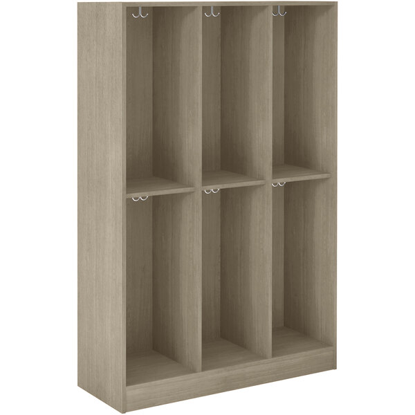 A natural elm wooden locker with four shelves and two doors.