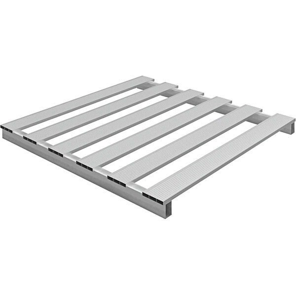 An aluminum skid pallet with slats on a white background.