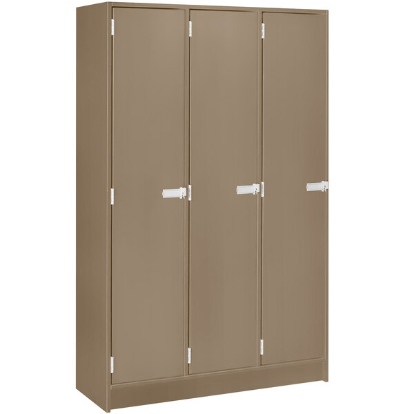 A brown locker with white handles.