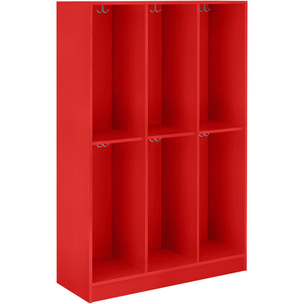 A red I.D. Systems triple storage locker with middle shelf and hooks.