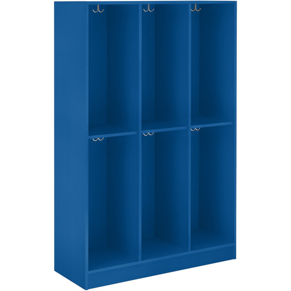 A royal blue I.D. Systems triple storage locker with shelves and hooks.