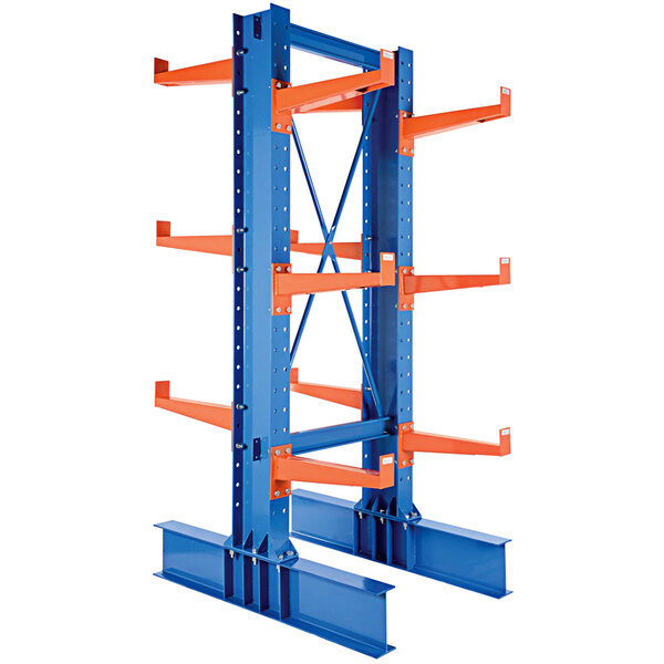 A blue and orange metal Vestil heavy-duty double-sided cantilever rack with two shelves.