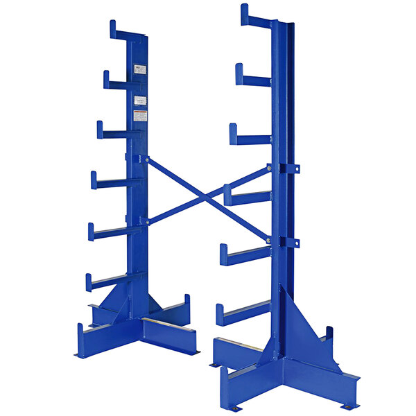 A blue metal Vestil single-sided bar stock tree rack with 7 levels.
