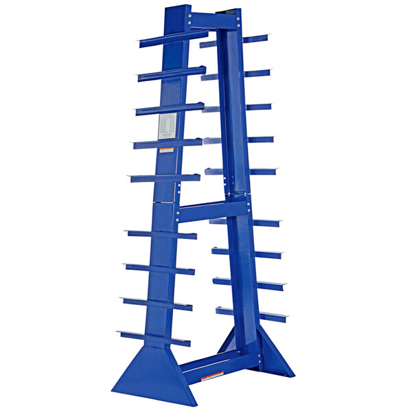 A blue metal Vestil double-sided horizontal bar rack.