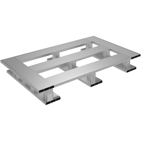 A metal pallet with skid bottom.