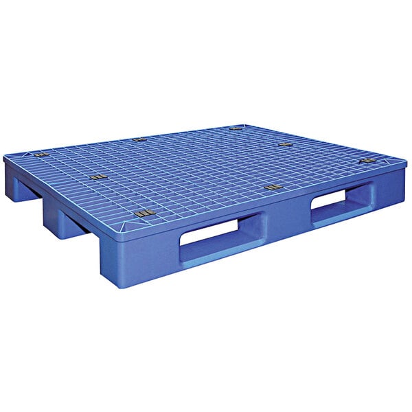 A blue plastic pallet with four holes.