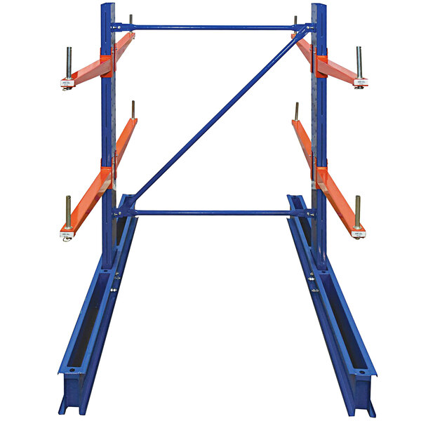 A blue and orange metal Vestil Standard-Duty Double-Sided Cantilever Rack structure.