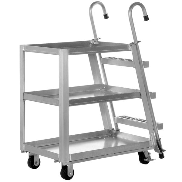A Vestil aluminum ladder truck with three shelves.