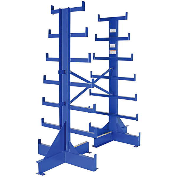 A blue metal Vestil bar stock tree with 7 levels.