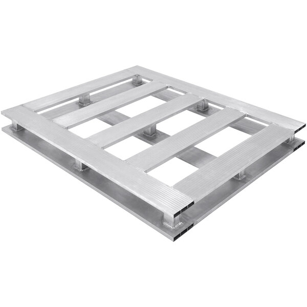 A silver metal Vestil aluminum pallet with 4-way entry on a white background.