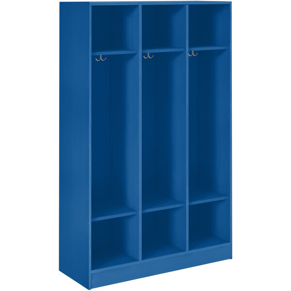 A royal blue triple storage locker with two shelves.