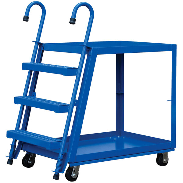 A blue Vestil stock picker cart with 2 shelves and ladder.